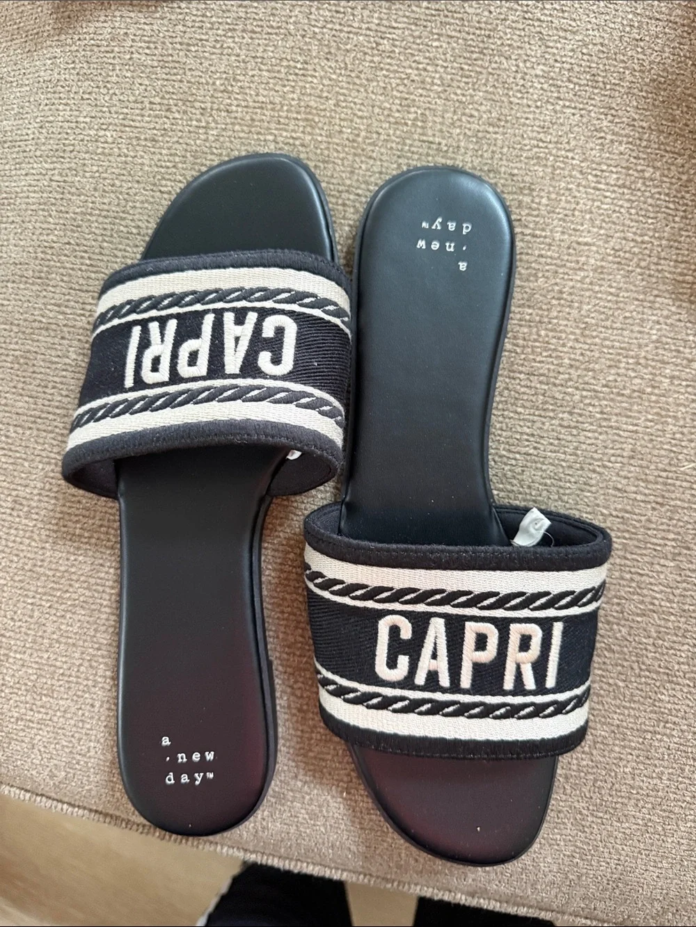 a new day CAPRI Black and Cream Slide Sandals